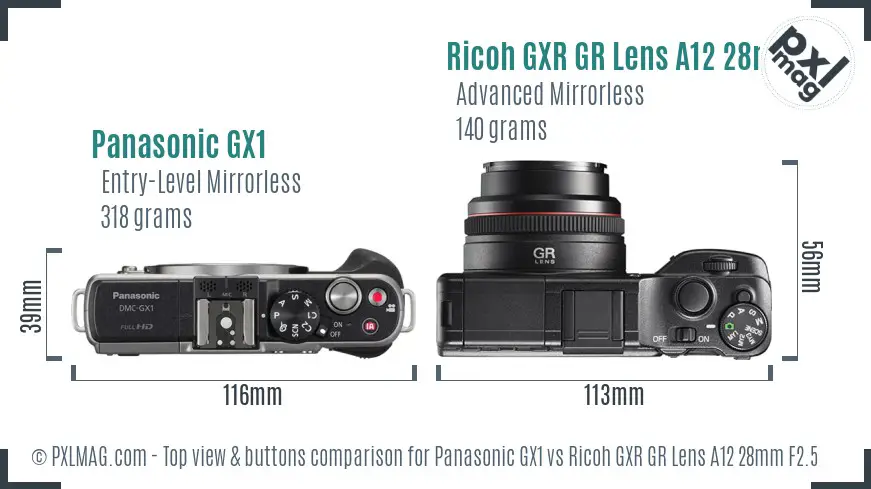 Panasonic GX1 vs Ricoh GXR GR Lens A12 28mm F2.5 top view buttons comparison