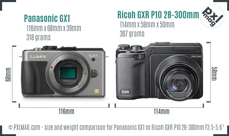 Panasonic GX1 vs Ricoh GXR P10 28-300mm F3.5-5.6 VC size comparison Panasonic GX1 vs Ricoh GXR P10 28-300mm F3.5-5.6 VC size comparison