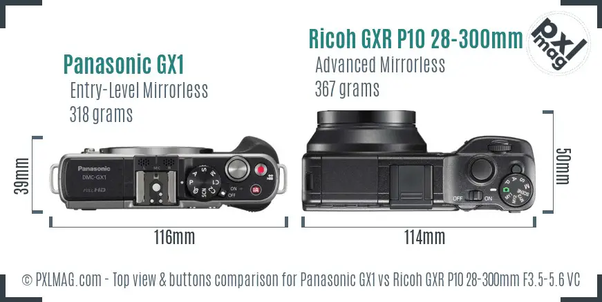 Panasonic GX1 vs Ricoh GXR P10 28-300mm F3.5-5.6 VC top view buttons comparison Panasonic GX1 vs Ricoh GXR P10 28-300mm F3.5-5.6 VC top view buttons comparison