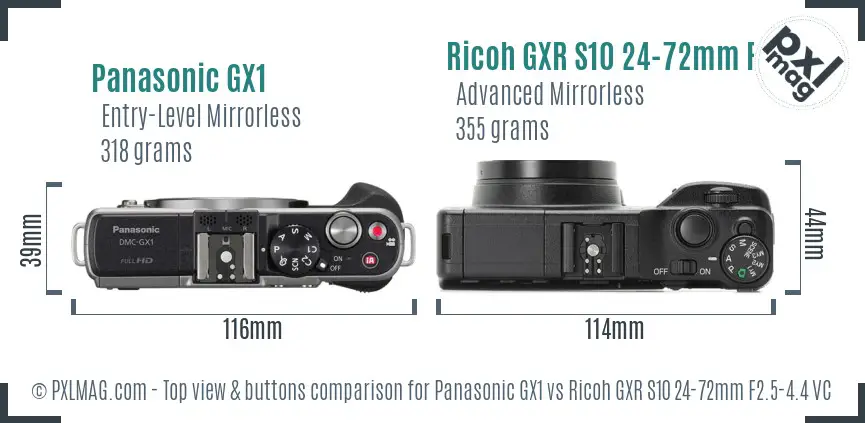 Panasonic GX1 vs Ricoh GXR S10 24-72mm F2.5-4.4 VC top view buttons comparison