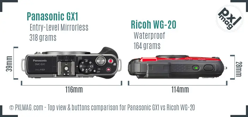 Panasonic GX1 vs Ricoh WG-20 top view buttons comparison
