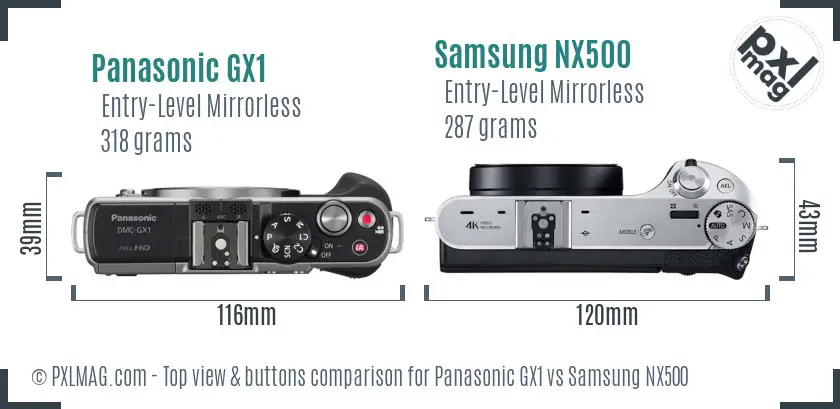 Panasonic GX1 vs Samsung NX500 top view buttons comparison