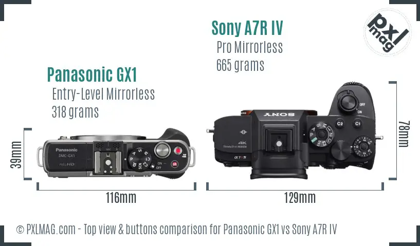 Panasonic GX1 vs Sony A7R IV top view buttons comparison