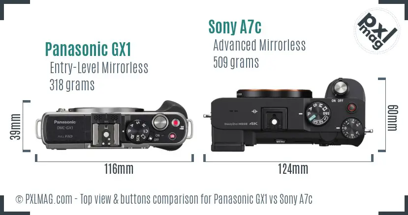 Panasonic GX1 vs Sony A7c top view buttons comparison