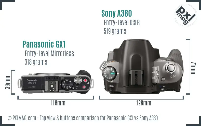 Panasonic GX1 vs Sony A380 top view buttons comparison