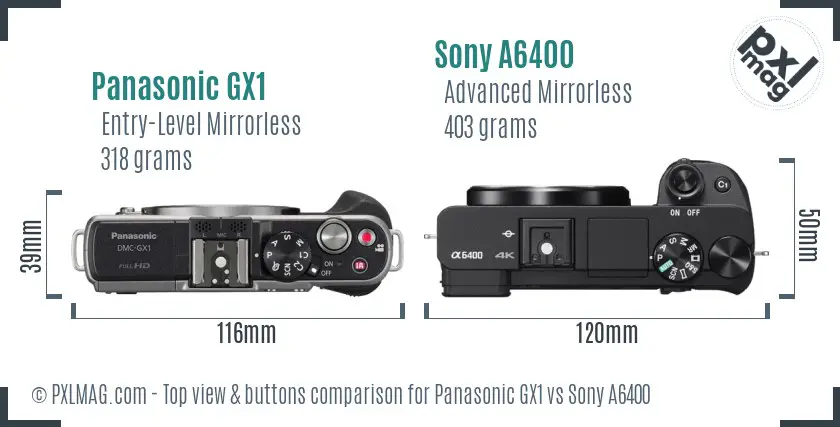 Panasonic GX1 vs Sony A6400 top view buttons comparison Panasonic GX1 vs Sony A6400 top view buttons comparison