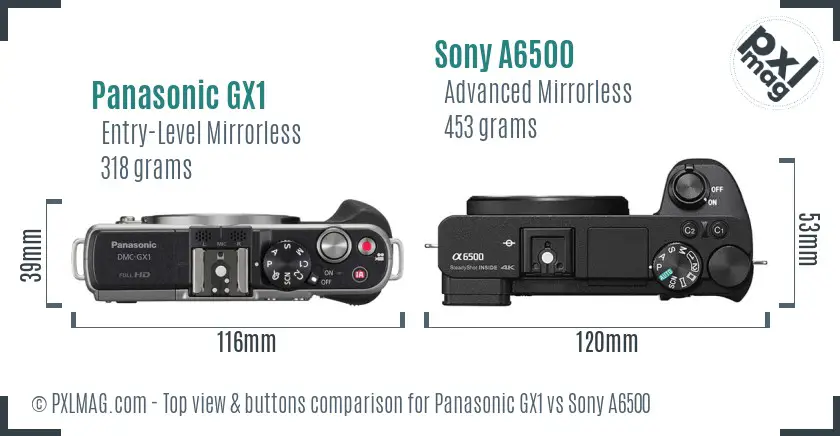Panasonic GX1 vs Sony A6500 top view buttons comparison
