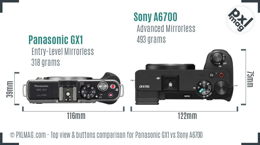 Panasonic GX1 vs Sony A6700 top view buttons comparison Panasonic GX1 vs Sony A6700 top view buttons comparison