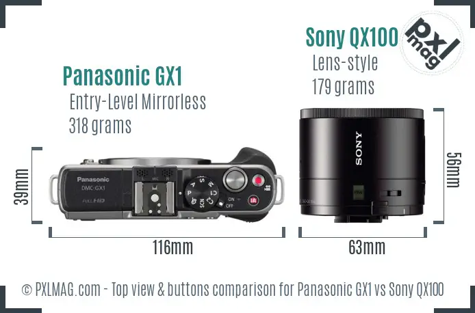 Panasonic GX1 vs Sony QX100 top view buttons comparison Panasonic GX1 vs Sony QX100 top view buttons comparison