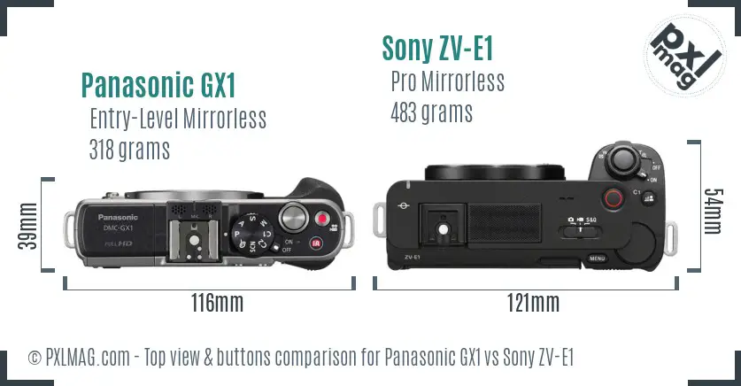 Panasonic GX1 vs Sony ZV-E1 top view buttons comparison Panasonic GX1 vs Sony ZV-E1 top view buttons comparison