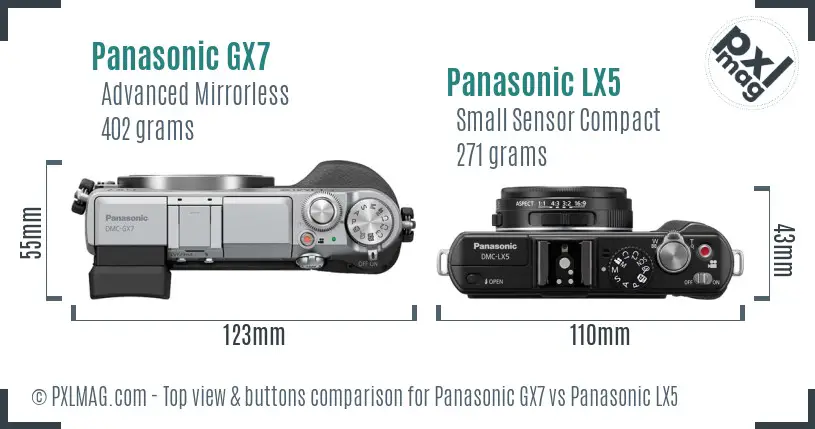 Panasonic GX7 vs Panasonic LX5 top view buttons comparison