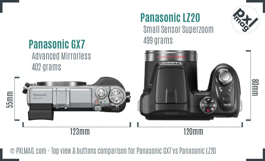 Panasonic GX7 vs Panasonic LZ20 top view buttons comparison