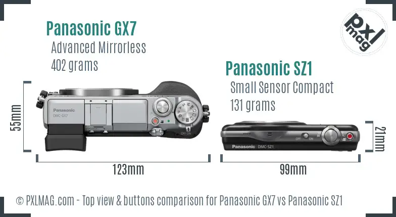 Panasonic GX7 vs Panasonic SZ1 top view buttons comparison