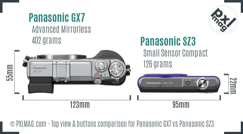 Panasonic GX7 vs Panasonic SZ3 top view buttons comparison