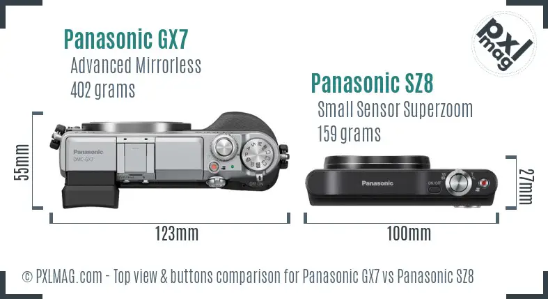 Panasonic GX7 vs Panasonic SZ8 top view buttons comparison