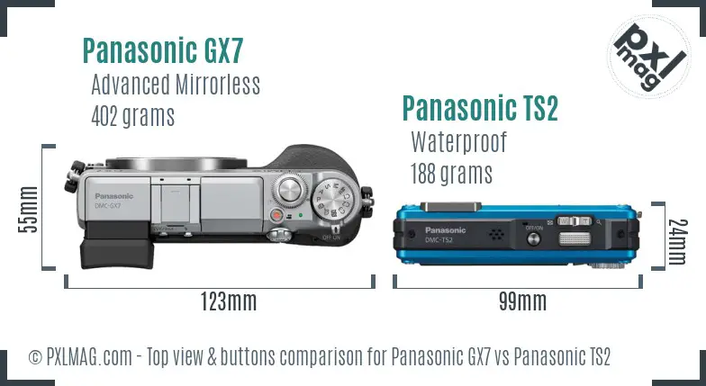 Panasonic GX7 vs Panasonic TS2 top view buttons comparison
