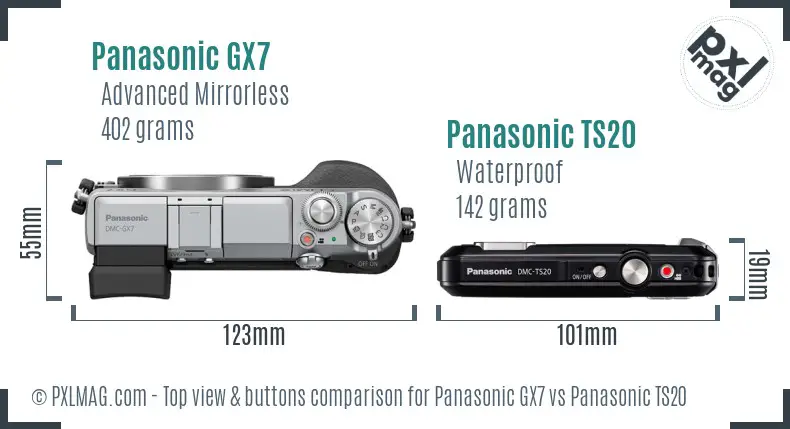 Panasonic GX7 vs Panasonic TS20 top view buttons comparison