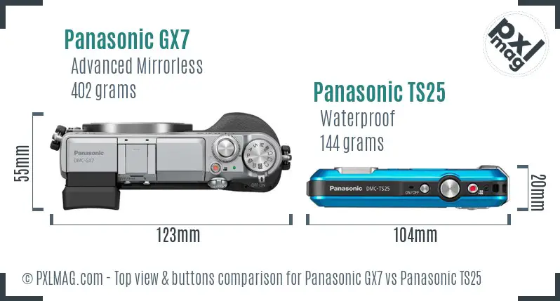 Panasonic GX7 vs Panasonic TS25 top view buttons comparison