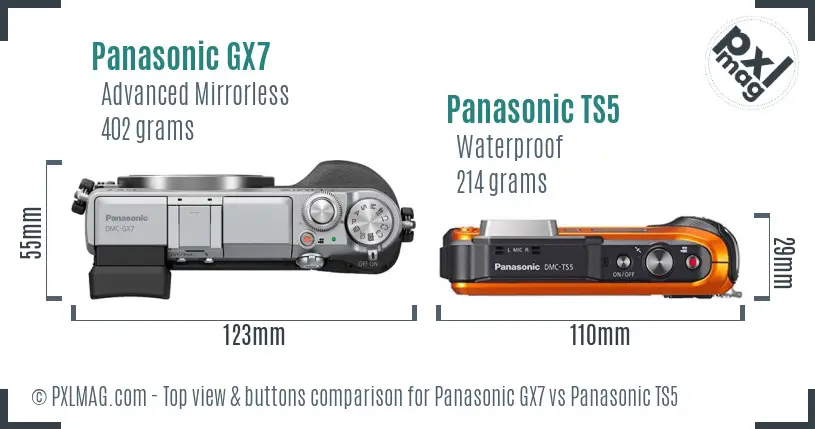 Panasonic GX7 vs Panasonic TS5 top view buttons comparison