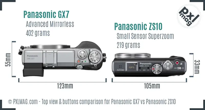 Panasonic GX7 vs Panasonic ZS10 top view buttons comparison