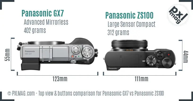 Panasonic GX7 vs Panasonic ZS100 top view buttons comparison