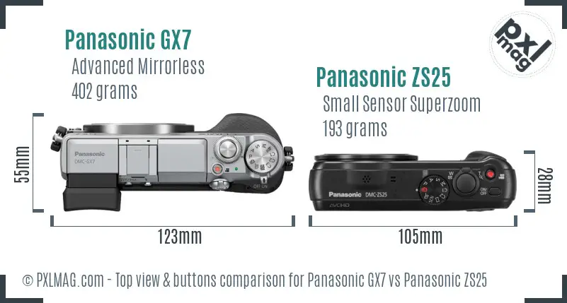 Panasonic GX7 vs Panasonic ZS25 top view buttons comparison