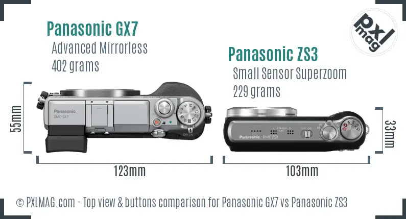 Panasonic GX7 vs Panasonic ZS3 top view buttons comparison