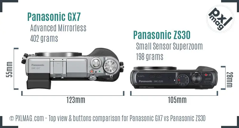 Panasonic GX7 vs Panasonic ZS30 top view buttons comparison