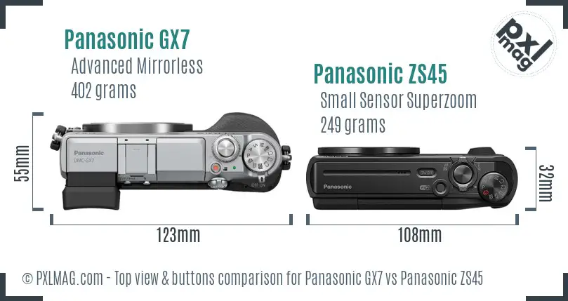 Panasonic GX7 vs Panasonic ZS45 top view buttons comparison