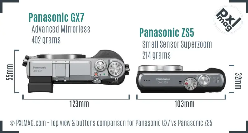 Panasonic GX7 vs Panasonic ZS5 top view buttons comparison