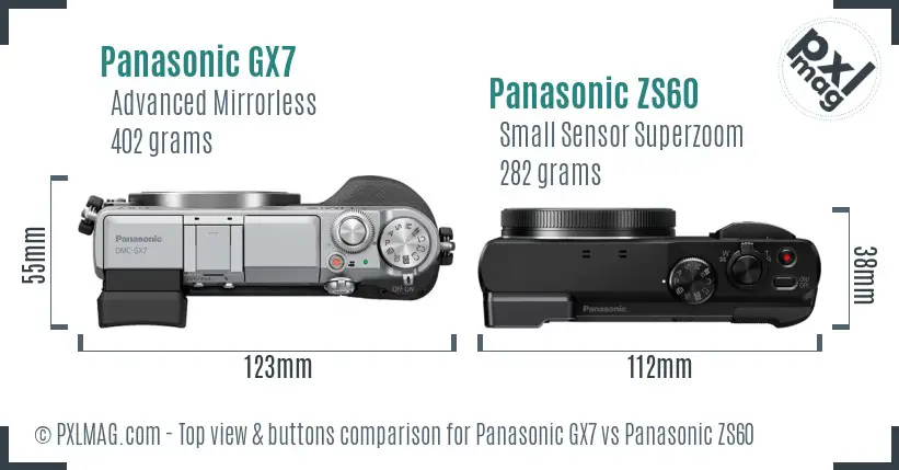 Panasonic GX7 vs Panasonic ZS60 top view buttons comparison