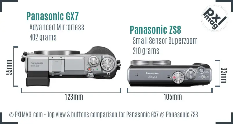 Panasonic GX7 vs Panasonic ZS8 top view buttons comparison