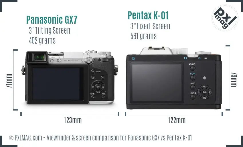Panasonic GX7 vs Pentax K-01 Screen and Viewfinder comparison