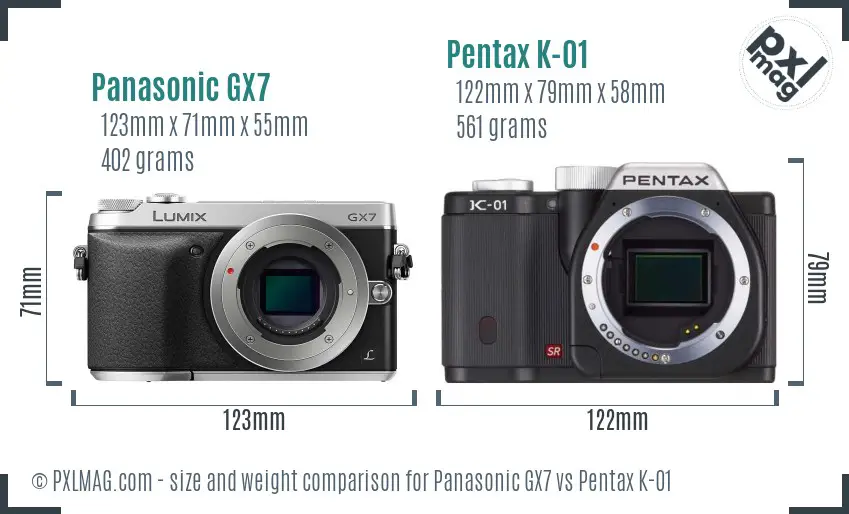 Panasonic GX7 vs Pentax K-01 size comparison