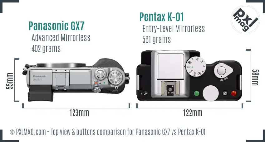Panasonic GX7 vs Pentax K-01 top view buttons comparison