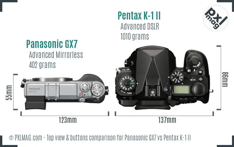 Panasonic GX7 vs Pentax K-1 II top view buttons comparison
