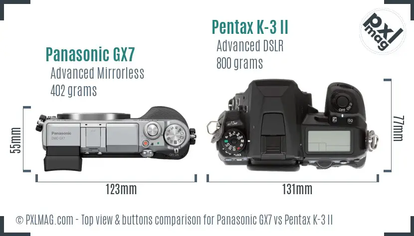 Panasonic GX7 vs Pentax K-3 II top view buttons comparison