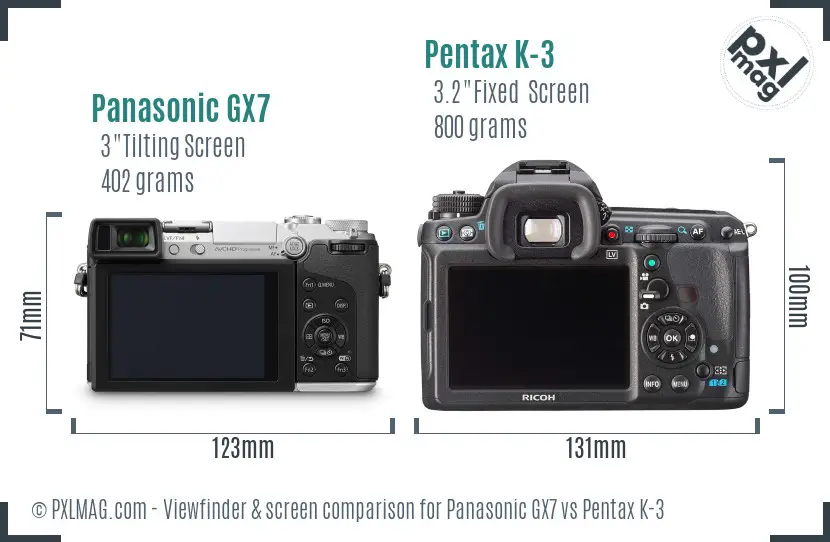 Panasonic GX7 vs Pentax K-3 Screen and Viewfinder comparison