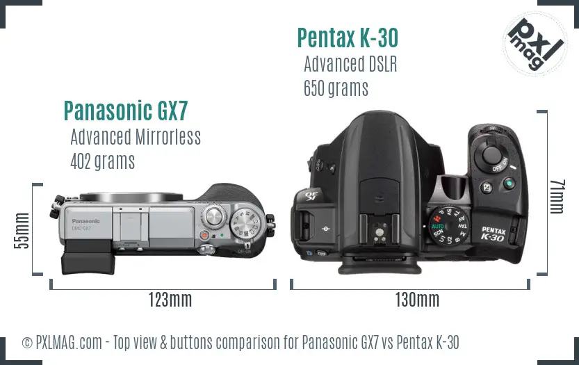 Panasonic GX7 vs Pentax K-30 top view buttons comparison