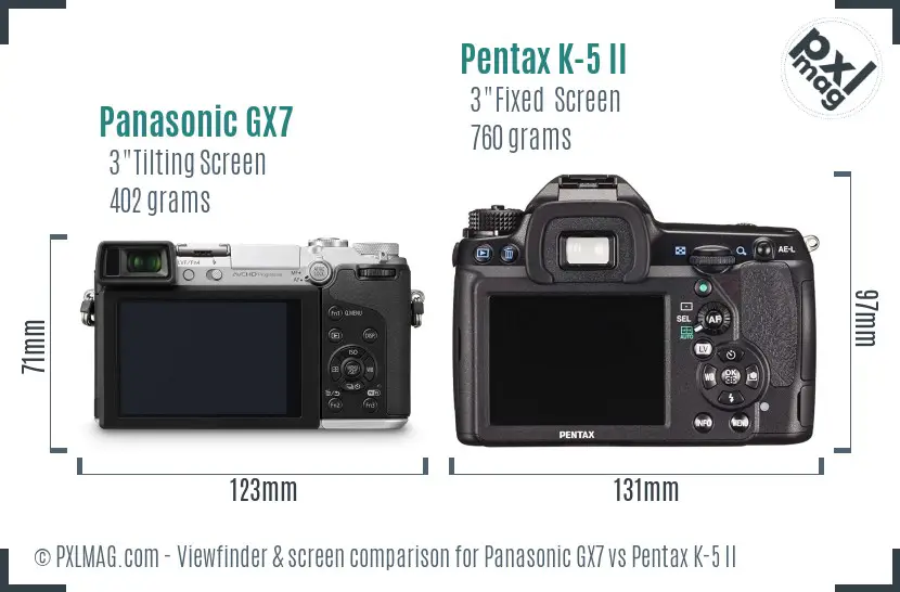 Panasonic GX7 vs Pentax K-5 II Screen and Viewfinder comparison