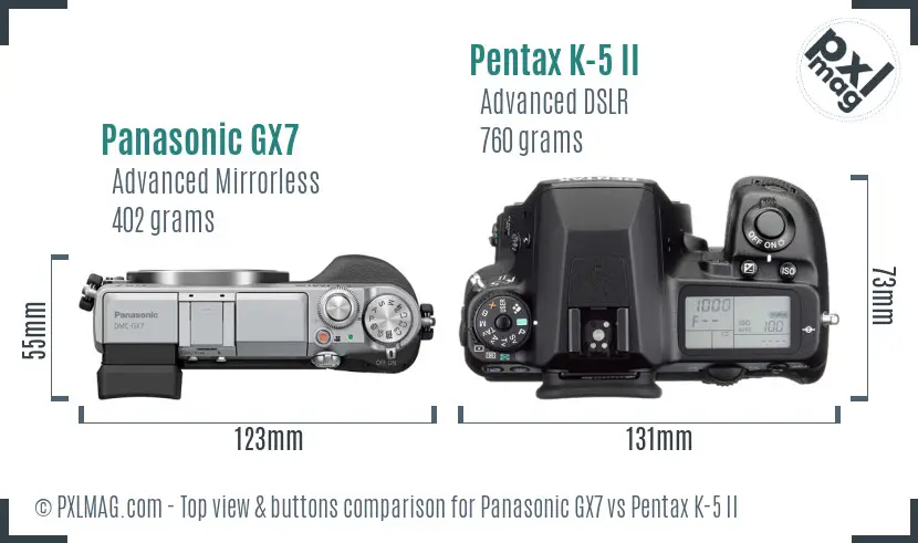 Panasonic GX7 vs Pentax K-5 II top view buttons comparison