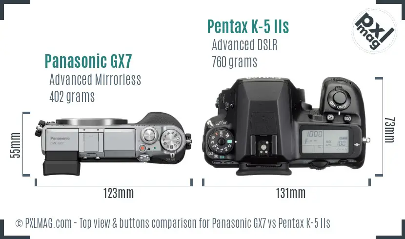 Panasonic GX7 vs Pentax K-5 IIs top view buttons comparison