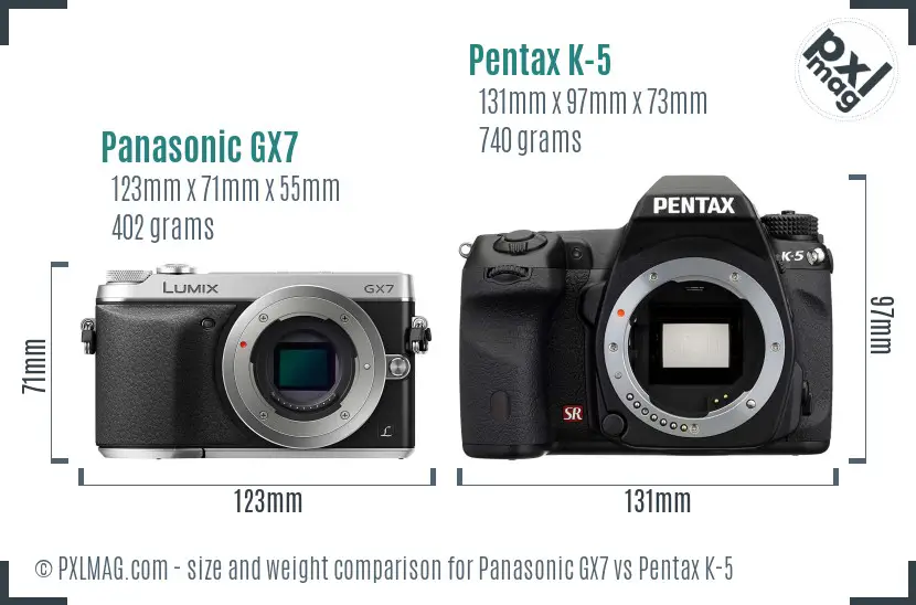 Panasonic GX7 vs Pentax K-5 size comparison