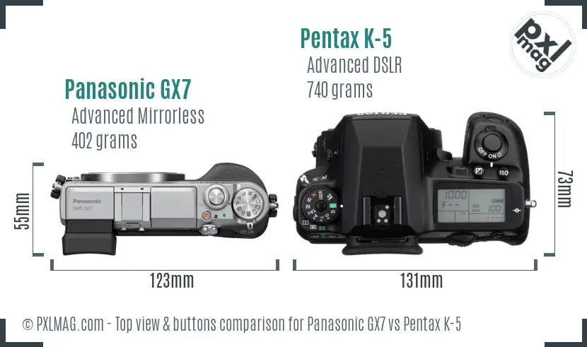 Panasonic GX7 vs Pentax K-5 top view buttons comparison