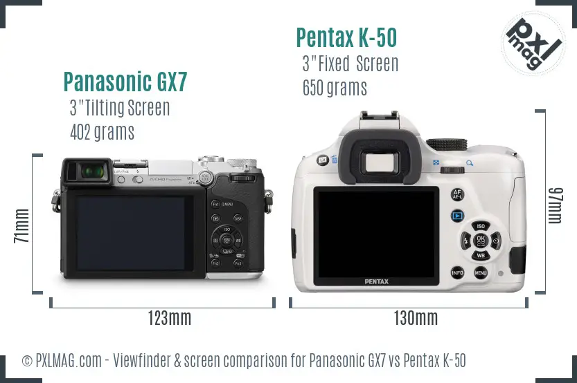 Panasonic GX7 vs Pentax K-50 Screen and Viewfinder comparison