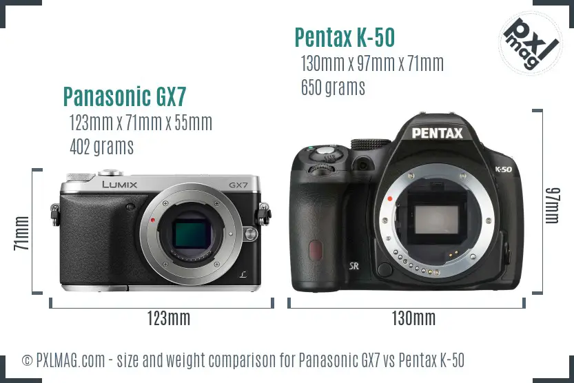 Panasonic GX7 vs Pentax K-50 size comparison