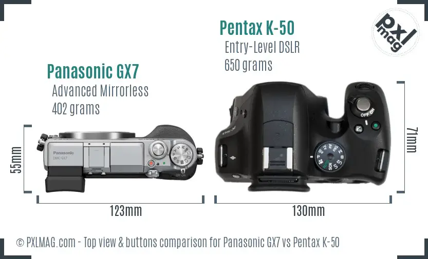 Panasonic GX7 vs Pentax K-50 top view buttons comparison