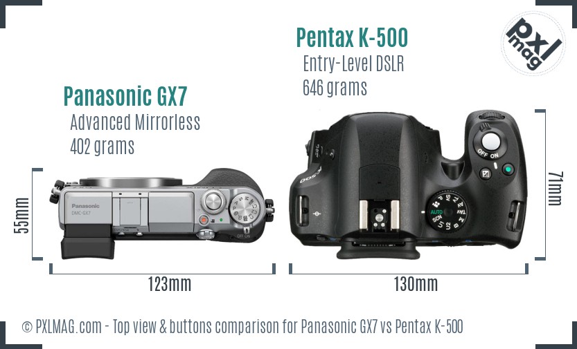 Panasonic GX7 vs Pentax K-500 top view buttons comparison