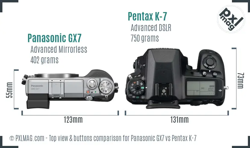 Panasonic GX7 vs Pentax K-7 top view buttons comparison