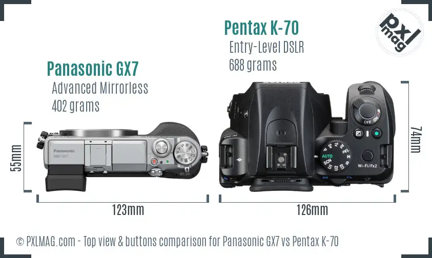 Panasonic GX7 vs Pentax K-70 top view buttons comparison